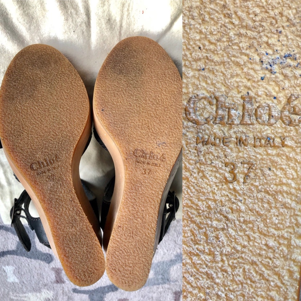 Auth-Chloe Black leather & wooden wedge sandals - Picture 8 of 8